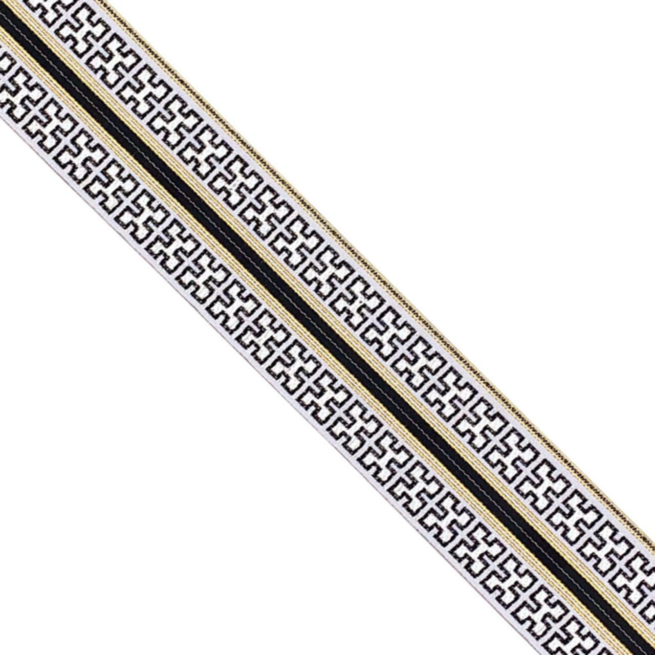 Designer’s Shop JR 775 Athena Key Luxe Jacquard Trim – 1-3/4” x 5 Yards – Black, White & Gold Woven Border